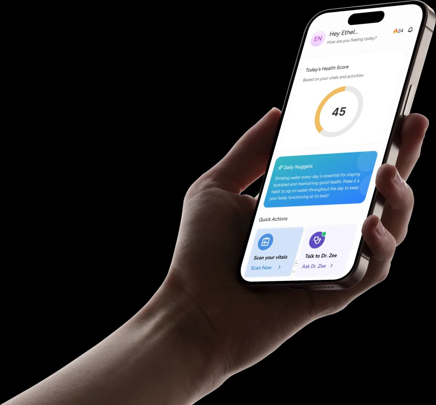 A hand holding a phone showing the CorZivra health app